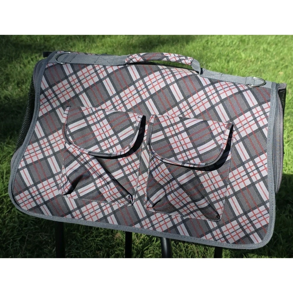 Plaid Soft Sided Pet Carrier Bag Grey Red Small Dog Cat Travel Tote Mesh Pockets